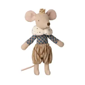 Maileg prinsmus med krone og fint tøj, ca. 13 cm høj.
